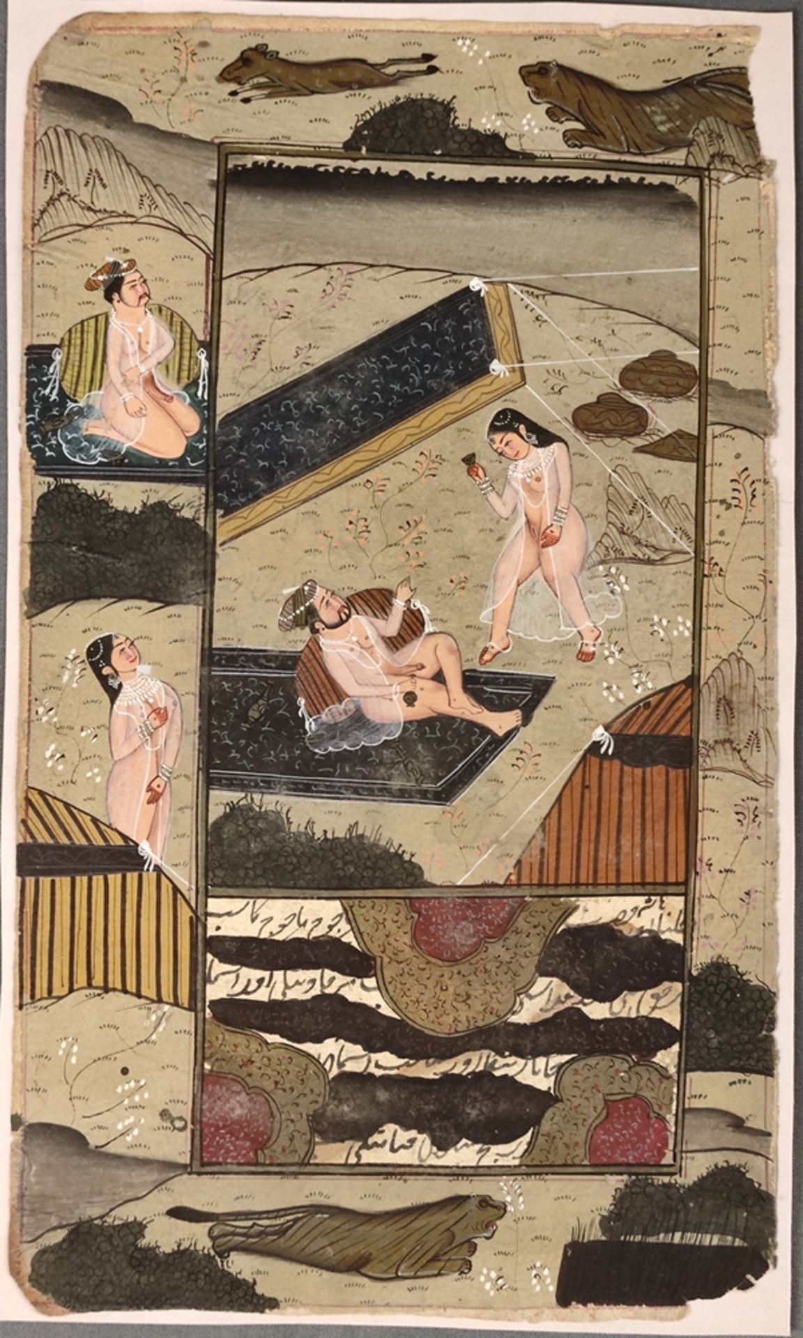 Miniature painting with erotic scenes outdoors, tigers above and below, inscribed on the reverse,