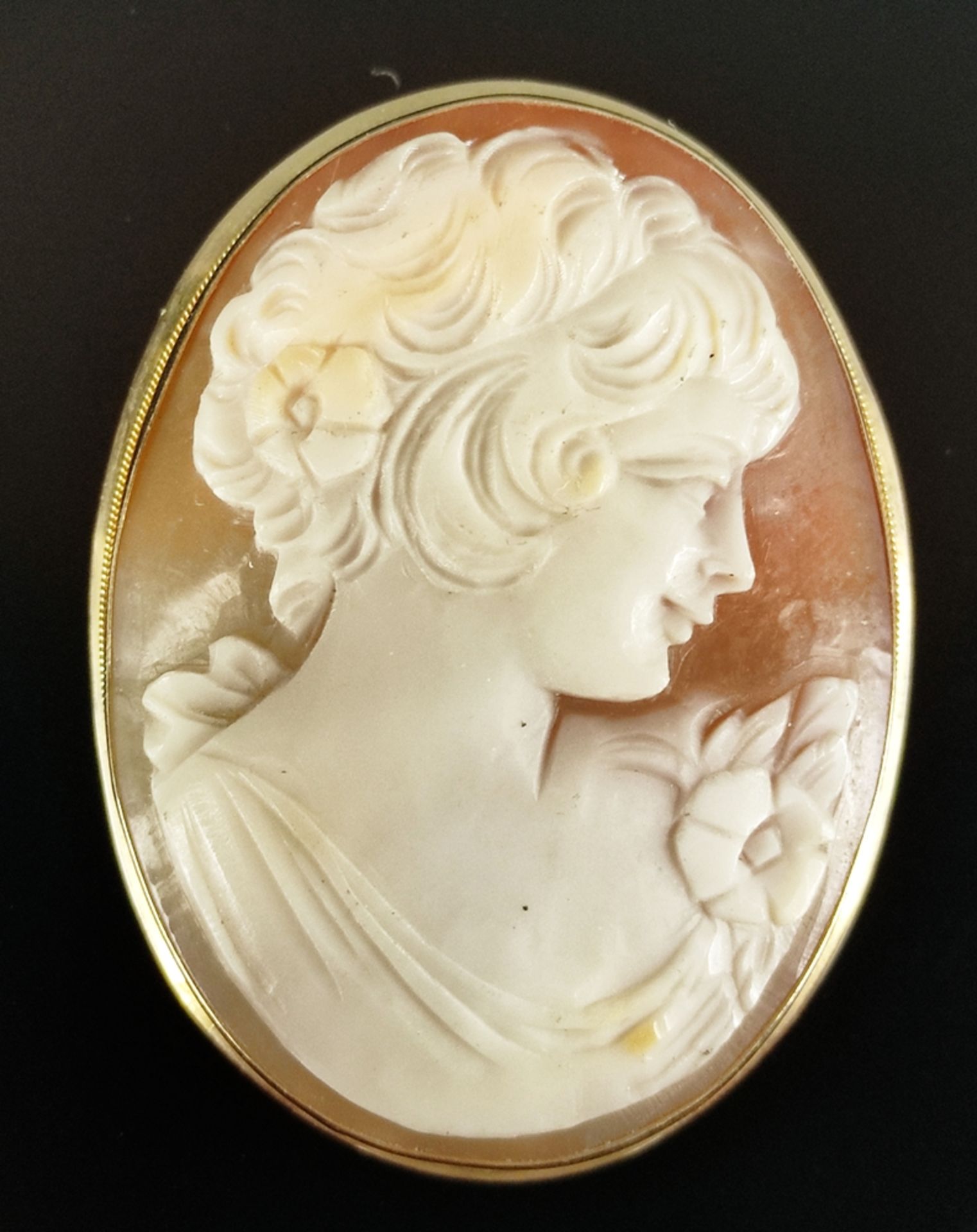 Shell cameo pendant/brooch, with girl profile, set in 750/18K yellow gold (tested), 19th century,