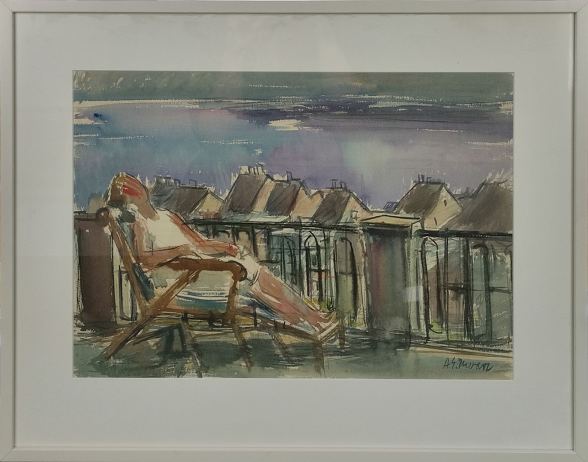Künstler/in (20. Jahrhundert) "Blick über den Überlinger See", Dame auf Balkon im Liegestuhl liegen - Bild 2 aus 3