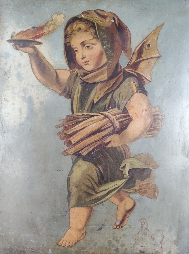 Allegory of winter, running putto with bat wings, carrying a fire bowl in one hand and holding fire