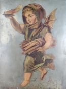 Allegorie des Winters, laufender Putto mit Fledermausflügeln, in der einen Hand eine Feuerschale tr