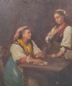 Monogrammist (19. Jahrhundert) "Die Wahrsagerin", liest einem jungen Mädchen aus den Karten, Öl auf