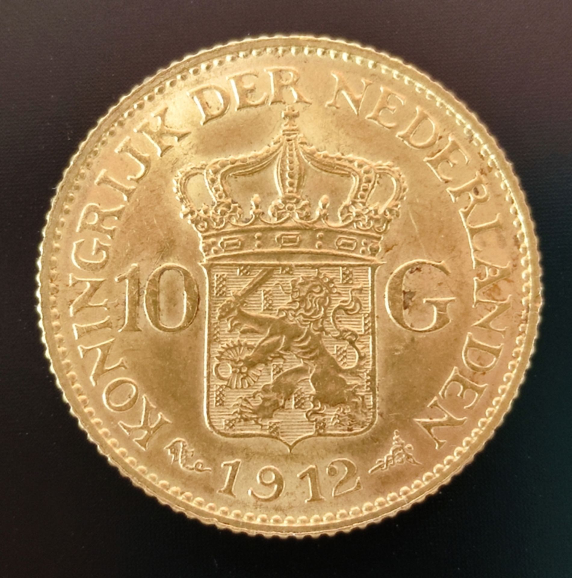 Goldmünze, Wilhelmina I, 10 Gulden, 1912, Niederlande, Durchmesser 22,5mm, Feingold 900, Gewicht 6, - Bild 2 aus 2