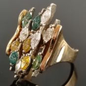 Exklusiver Design-Brillant-Ring, mit "fancy diamonds" in verschiedenen Farben, insgesamt 12 Diamant