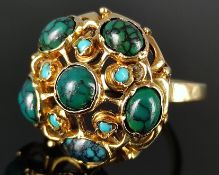 Turquoise ring set with 6 large and 5 small turquoises, 585/14K yellow gold, 6.8g, ring size 56