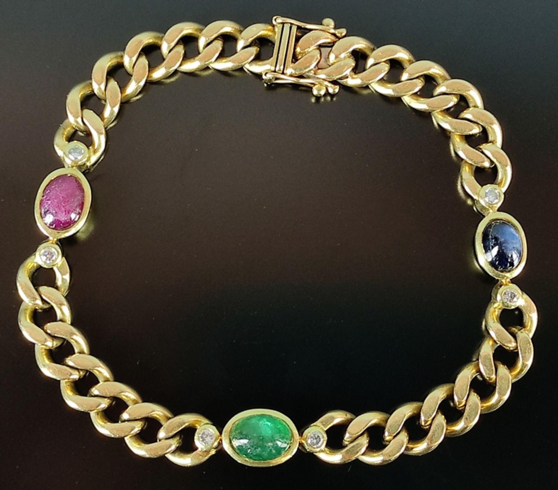 Chain bracelet with sapphire, emerald and ruby cabochon, each with a small diamond, 585/14K yellow 