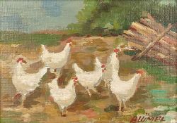 Blümel, Walter (1921 Trautenau-1997 Leonberg) "Hühner", scharrend im Freien, Öl auf Leinwand, recht