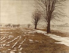 Treuter, Rudolf (1874 - 1950) "Letzter Schnee", Blick auf ein Feld mit vereinzelten Bäumen, rechts 