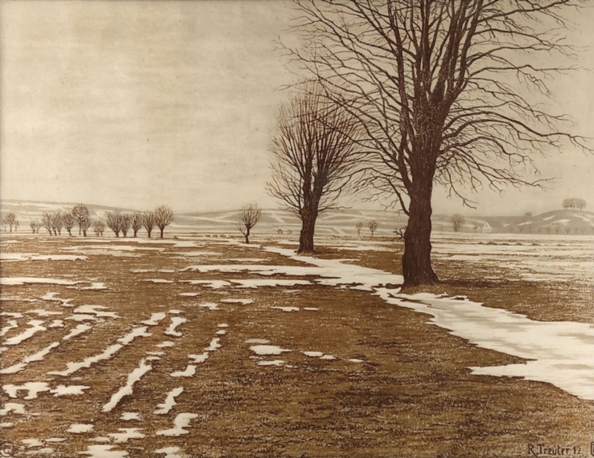 Treuter, Rudolf (1874 - 1950) "Last Snow", view of a field with isolated trees, signed, monogrammed