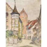 Mayer, Ferdy (20. Jahrhundert) "Altstadt Meersburg", feine aquarellierte Bleistiftzeichnung, links