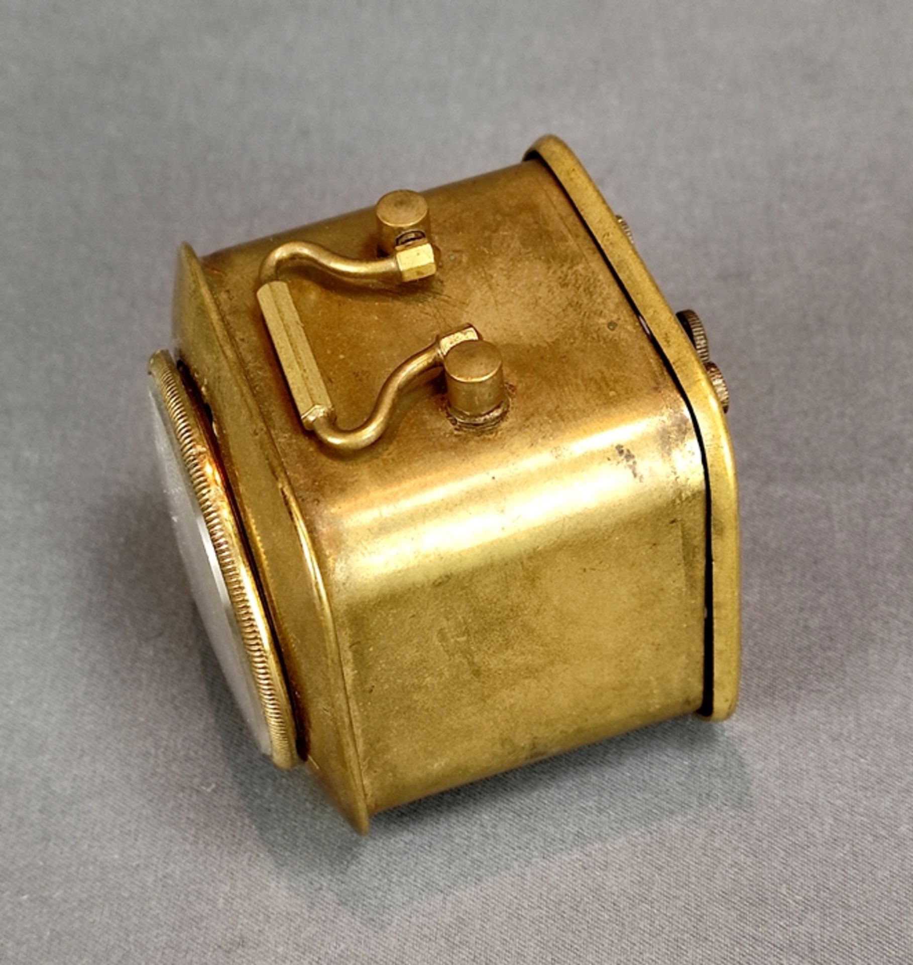 Small travel alarm clock, rectangular brass case, round dial with arabic numerals, small carrying h - Image 2 of 4