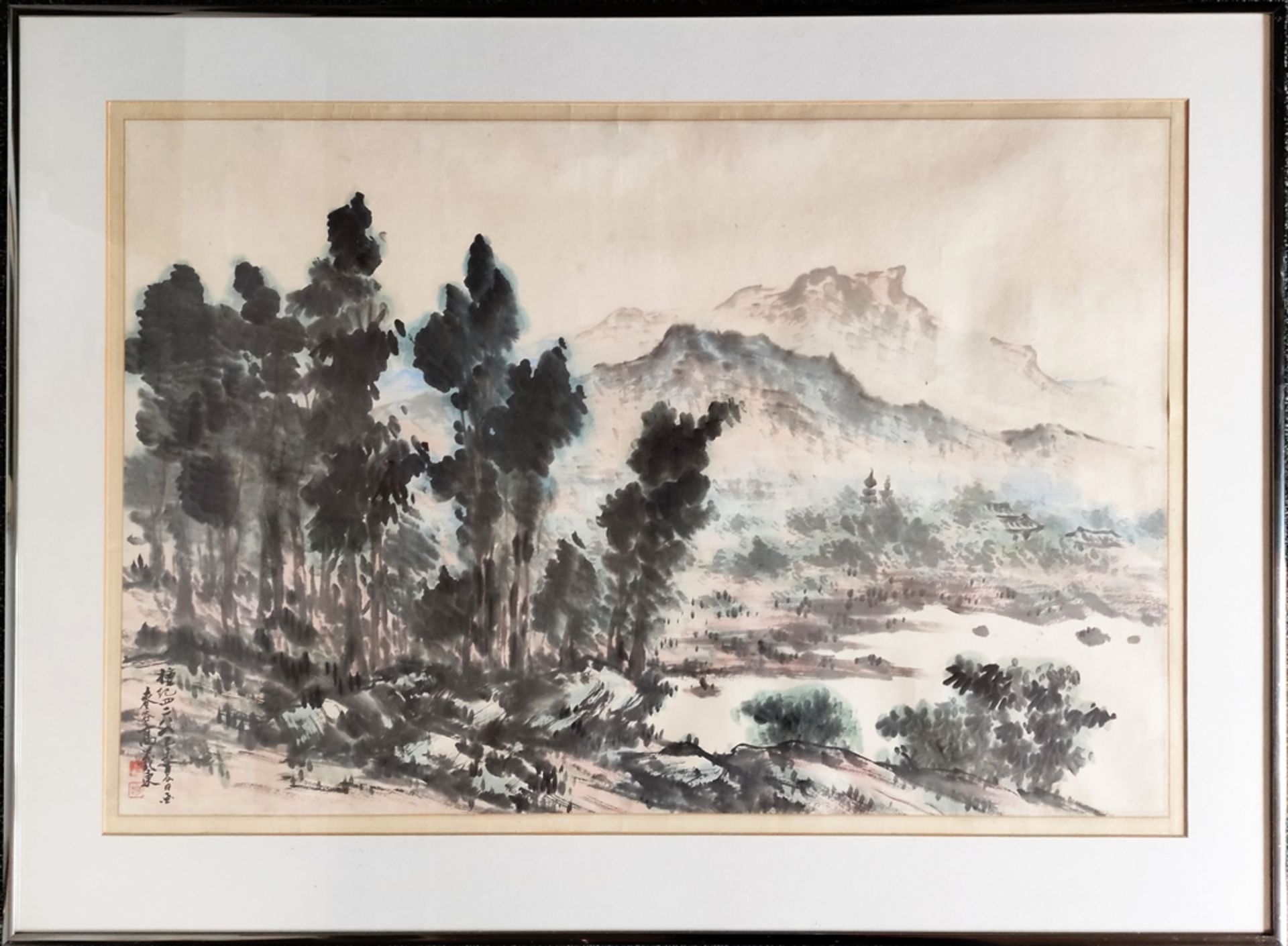 Chinesischer Aquarellist (20. Jahrhundert) "Berglandschaft mit See", Aquarell auf Papier, links unt - Bild 2 aus 3