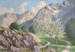 Schüler, Paul (19./20. Jahrhundert) "Berglandschaft" im Frühling, im Vordergrund Weg mit blühenden 