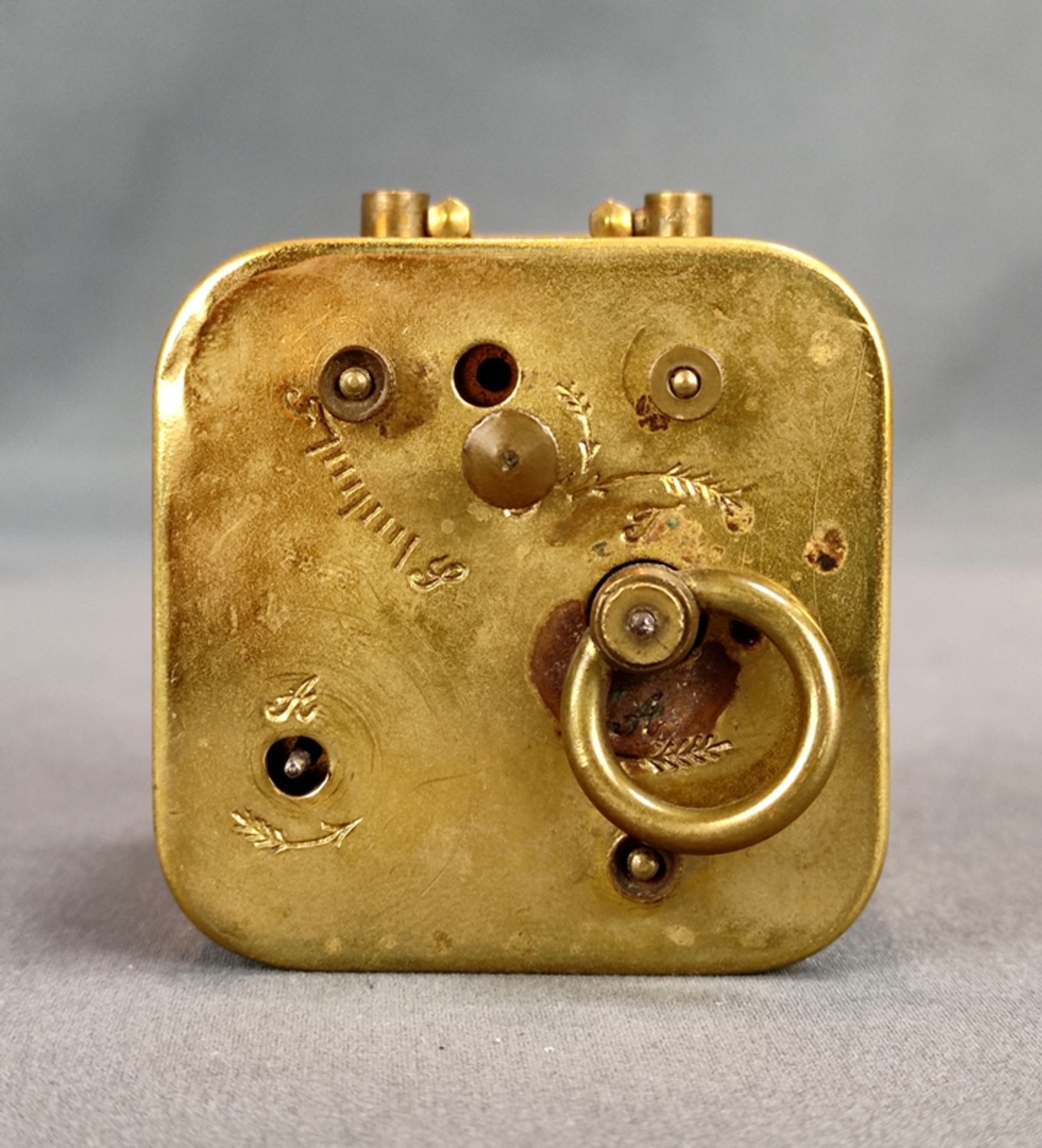 Small travel alarm clock, rectangular brass case, round dial with arabic numerals, small carrying h - Image 3 of 4