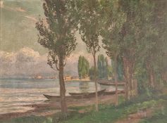 Wucherer, Fritz (1873 Basel - 1948 Kronberg im Taunus) "Blick auf den Staader Hafen", mit Ruderbote