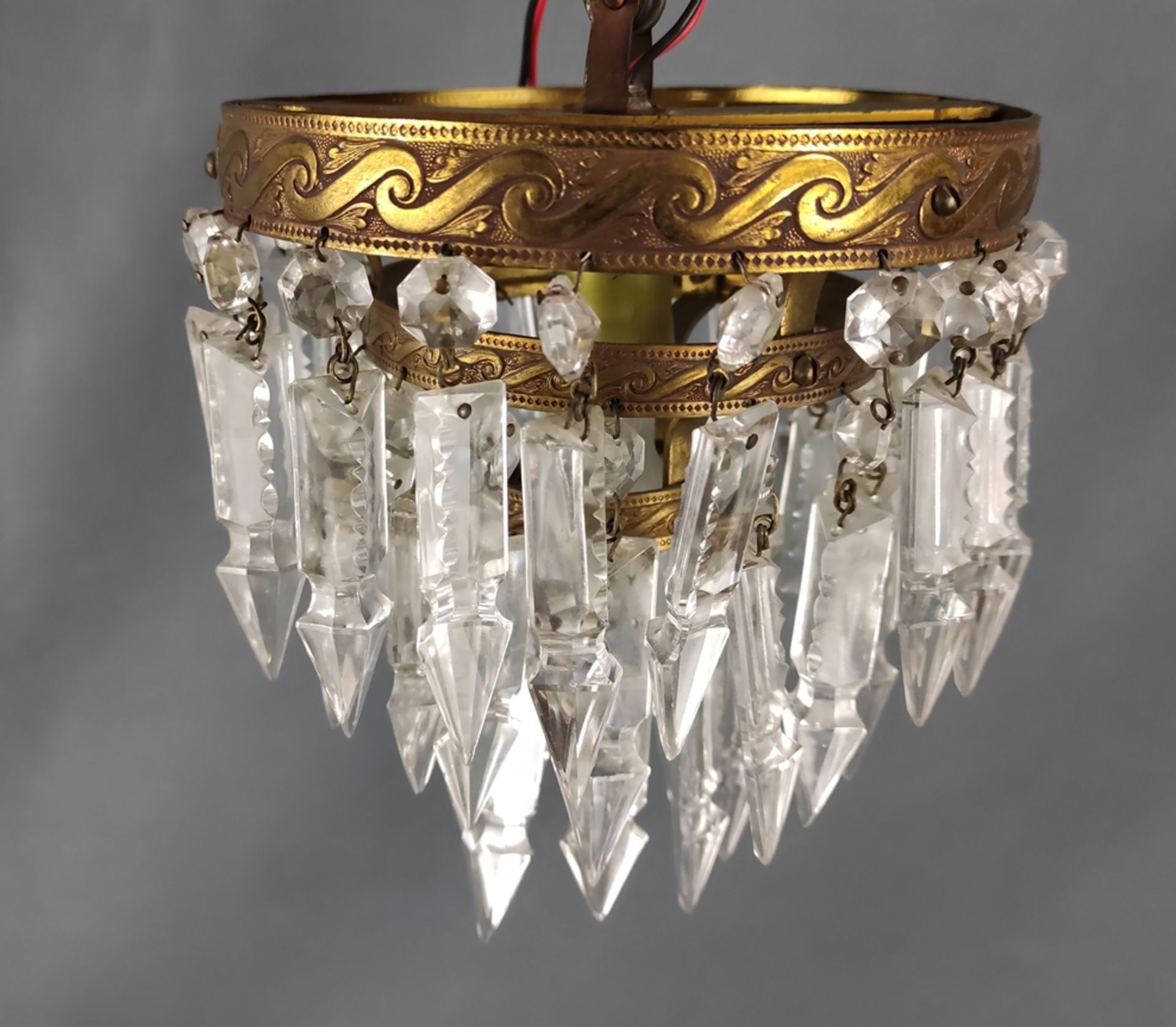 Two small ceiling chandeliers, three rows each, decorated with cut crystals, brass bands with wave  - Image 2 of 2
