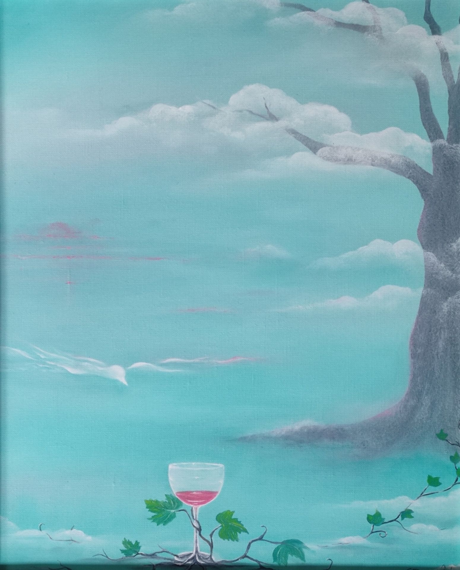 Basalyk, Edelgard (1946) "Für Monika", Weinglas umrankt von wilden Wein, Öl auf Leinwand, rechts un