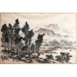 Chinesischer Aquarellist (20. Jahrhundert) "Berglandschaft mit See", Aquarell auf Papier, links unt