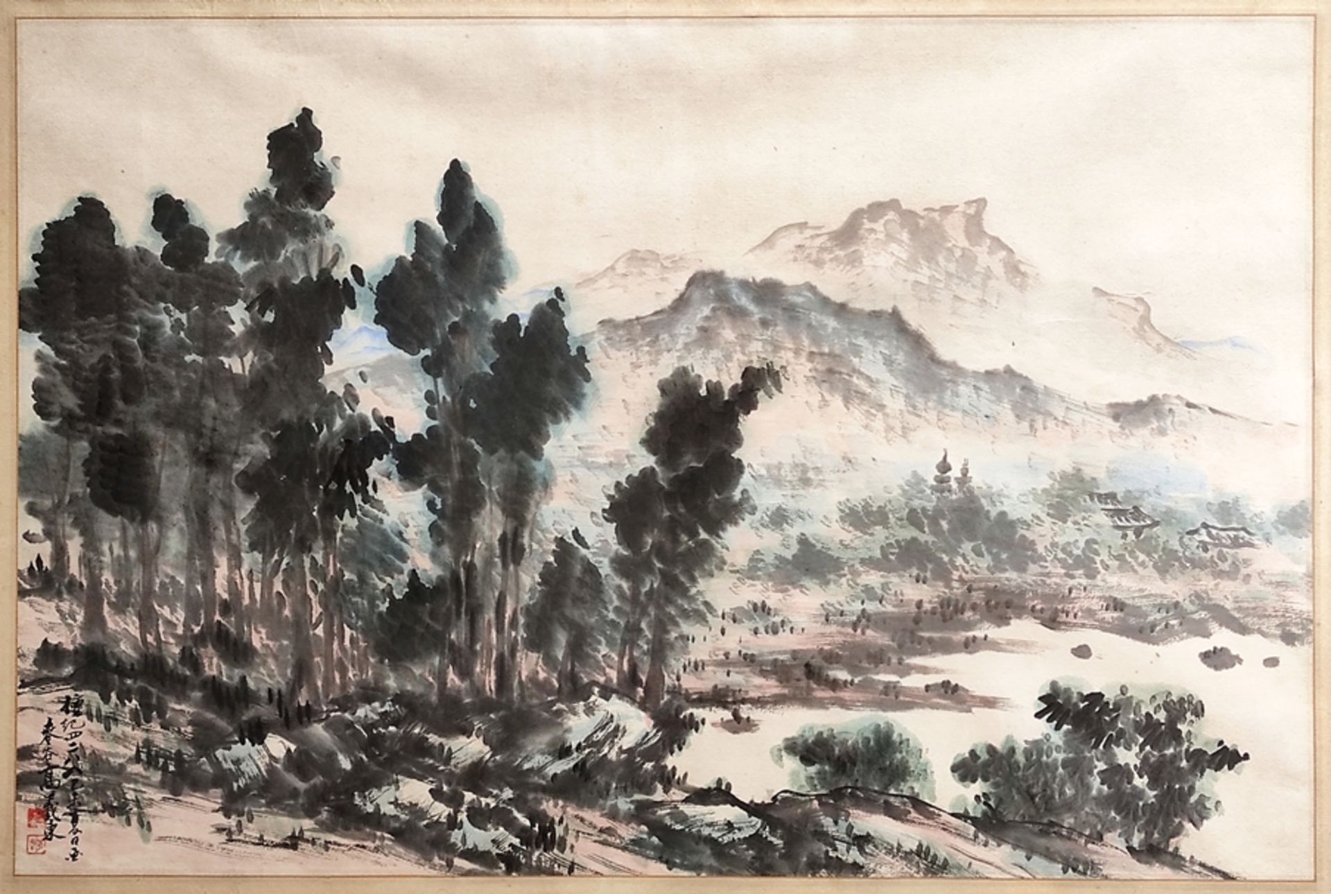 Chinesischer Aquarellist (20. Jahrhundert) "Berglandschaft mit See", Aquarell auf Papier, links unt