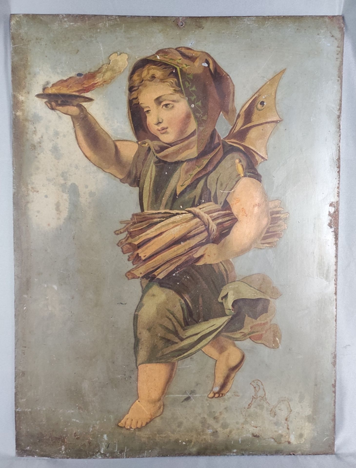 Allegorie des Winters, laufender Putto mit Fledermausflügeln, in der einen Hand eine Feuerschale tr - Bild 2 aus 5