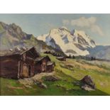 Brehm, Emil (1880-1954 München) "Jungfrau in Wengen", mit Alphütte und Bergpanorama, Öl auf Leinwan