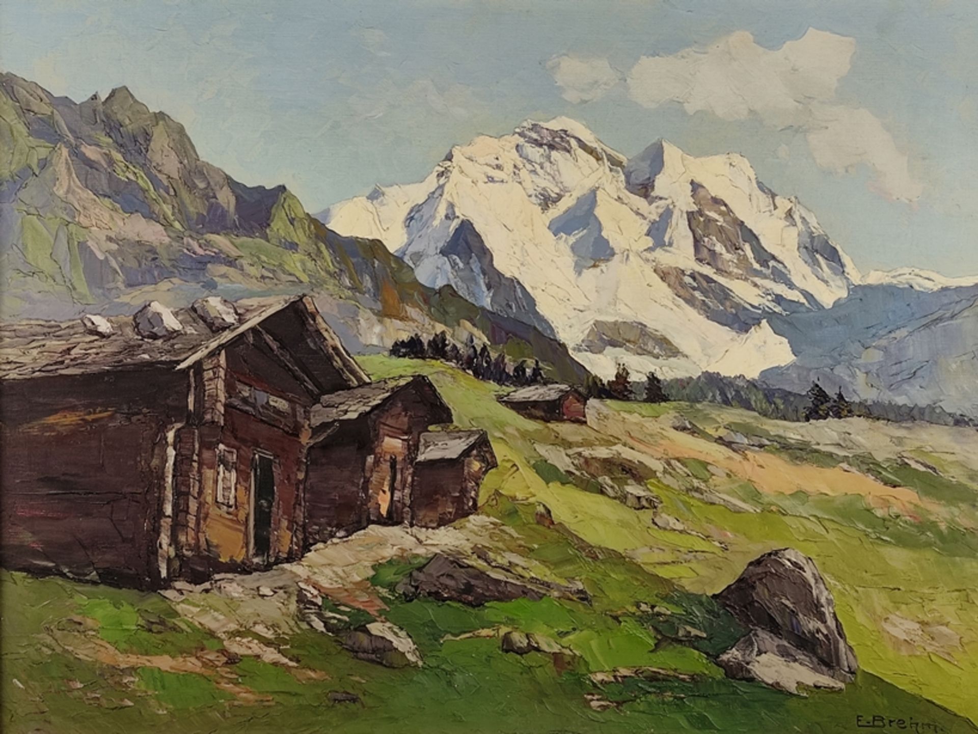 Brehm, Emil (1880-1954 Munich) "Jungfrau in Wengen", with an alpine hut and mountain panorama, oil 