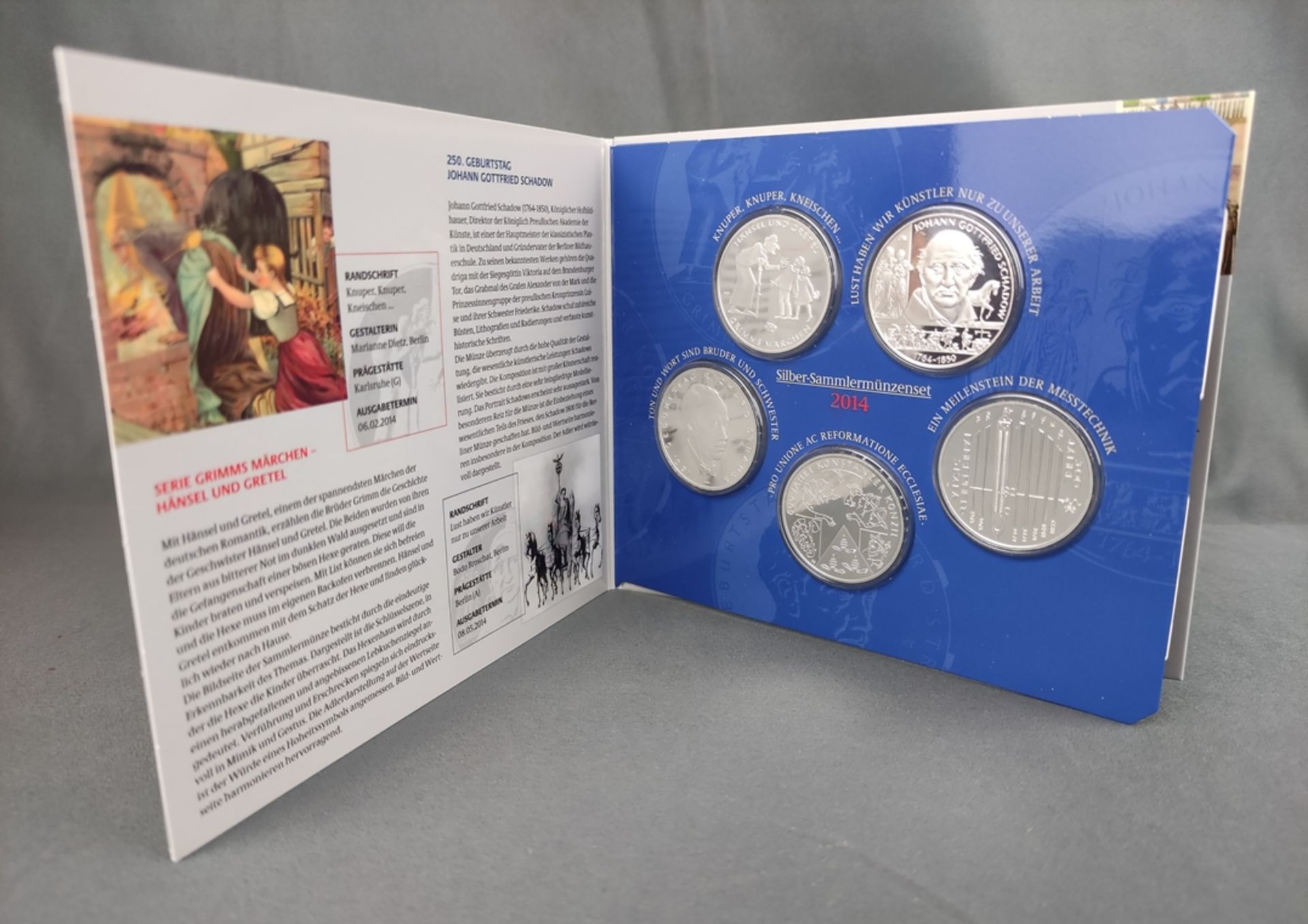 Silber-Gedenkmünzenset, BRD, 2014, mit 5x10 Euro Silbermünzen, mit Schuber