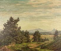 Geißler, Hugo (1895-1956 Tuttlingen) "Hegau Landschaft", mit Vulkanen im Hintergrund, Öl auf Leinwa