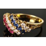 Ring, besetzt mit 13 Brillanten, 5 Saphiren und 5 Rubinen, 750/18K Gelbgold, 3,9g, Ringgröße 55