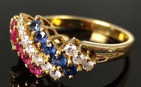 Ring set with 13 diamonds, 5 sapphires and 5 rubies, 750/18K yellow gold, 3.9g, ring size 55