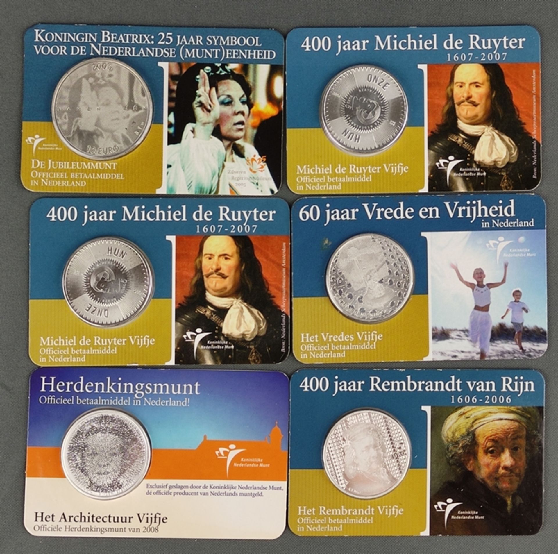 6 Silbermünzen/Jubiläumsmünzen, 5 aus Sterlingsilber, bestehend aus: 10 Euro Münze, 2005, "Koningin