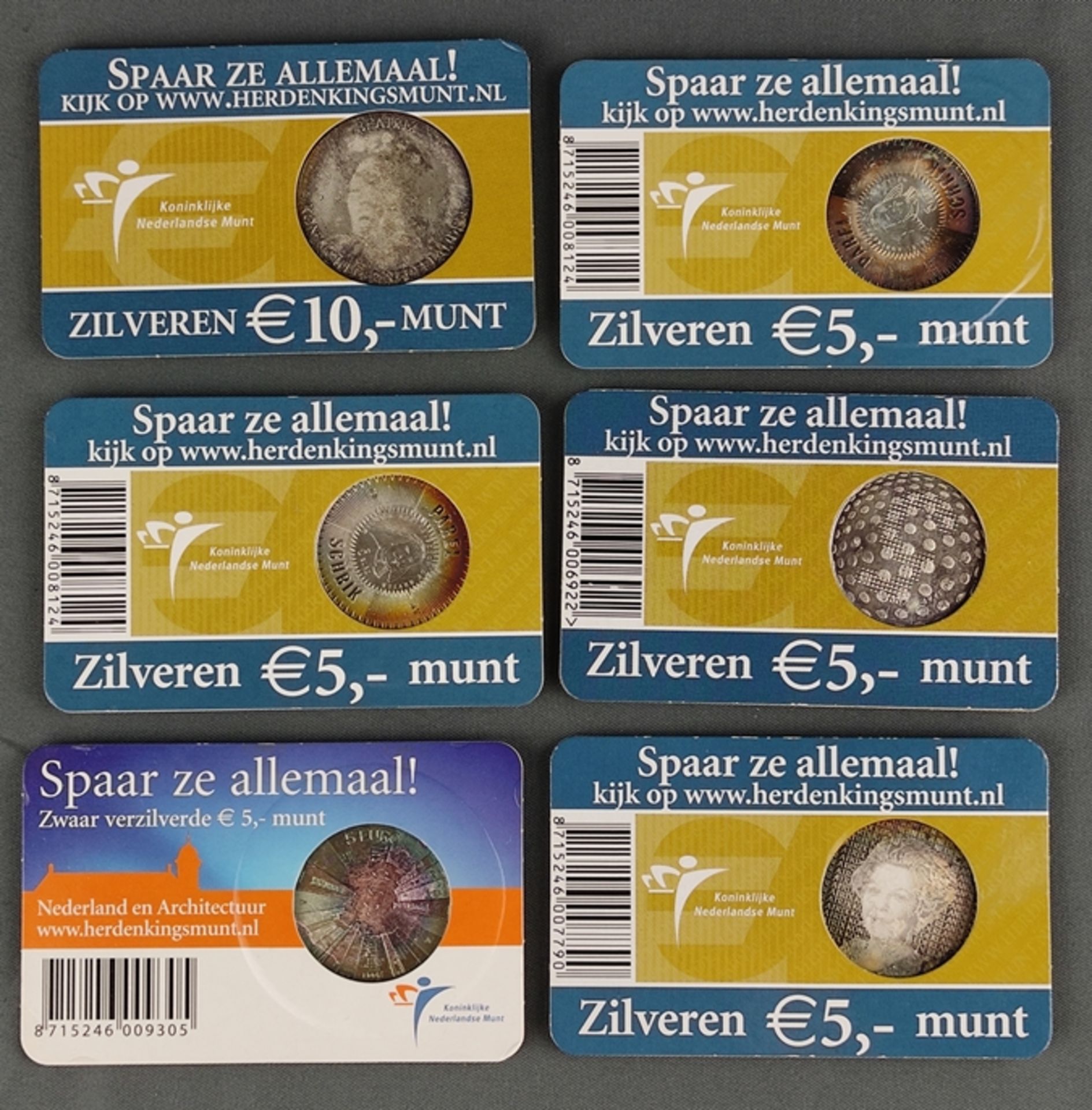 6 Silbermünzen/Jubiläumsmünzen, 5 aus Sterlingsilber, bestehend aus: 10 Euro Münze, 2005, "Koningin - Bild 2 aus 2