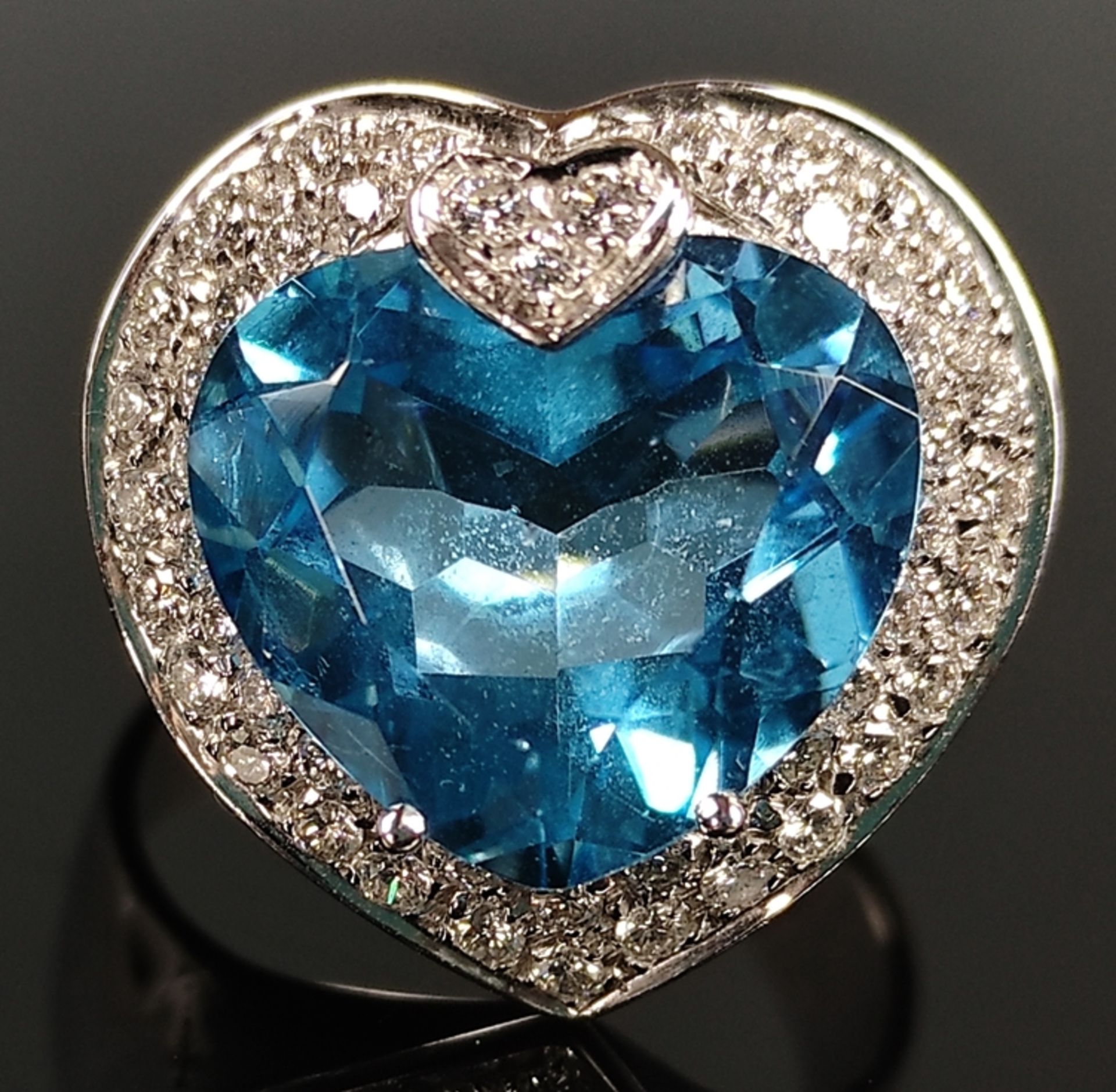 Large topaz ring, worked as a faceted heart, above it small diamond heart, around it more diamonds, - Image 2 of 3