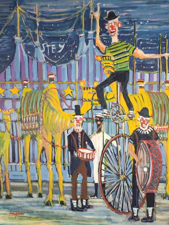Hangarter, Walter (1929 Konstanz-1995 Tägerwilen) "Circus Stey", clowns and camels in front of the 