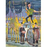 Hangarter, Walter (1929 Konstanz-1995 Tägerwilen) "Zirkus Stey", Clowns und Kamele vor dem Zirkusze