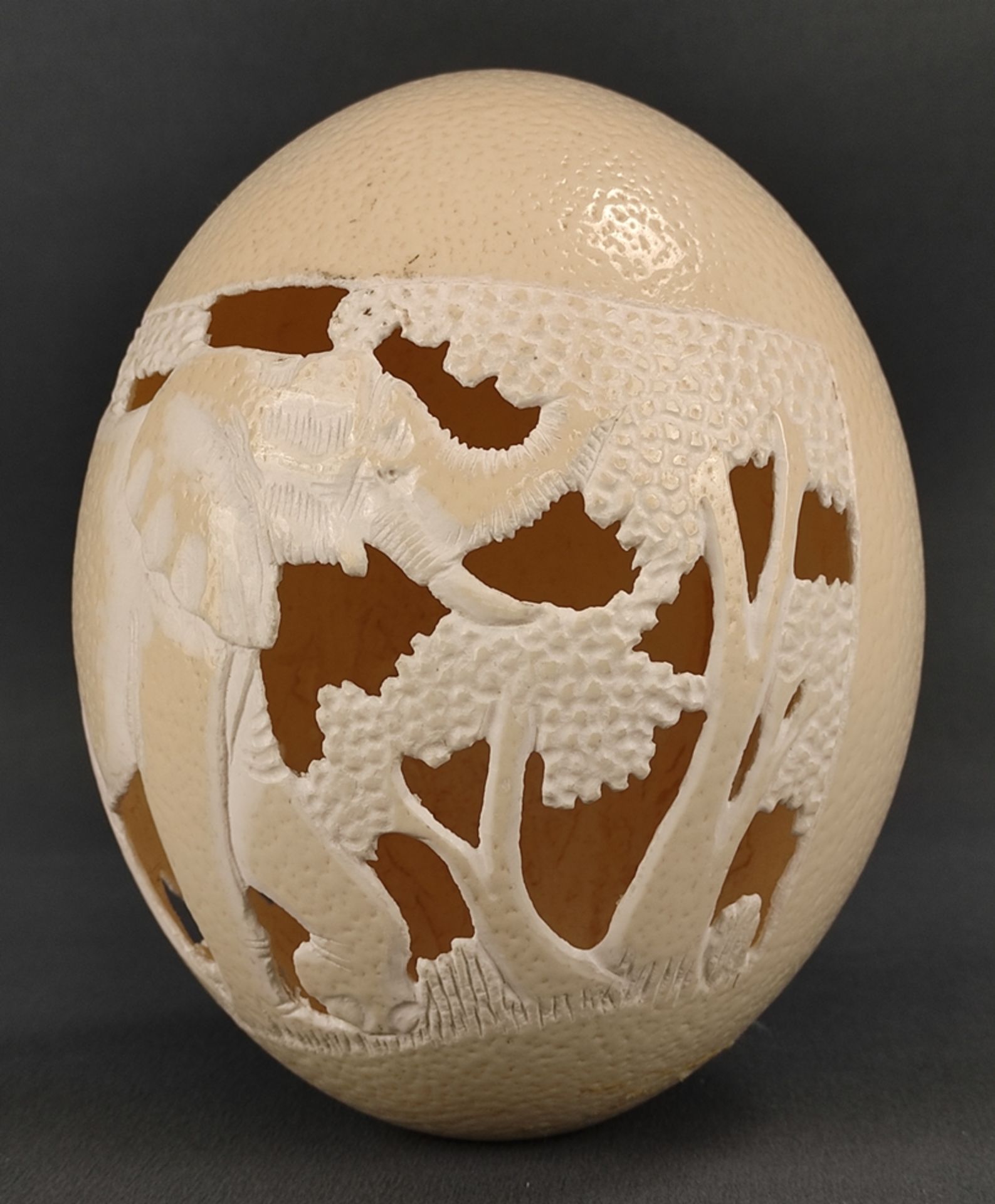 Ostrich egg carved in relief as elephant and trees, Africa, l 16 cm
