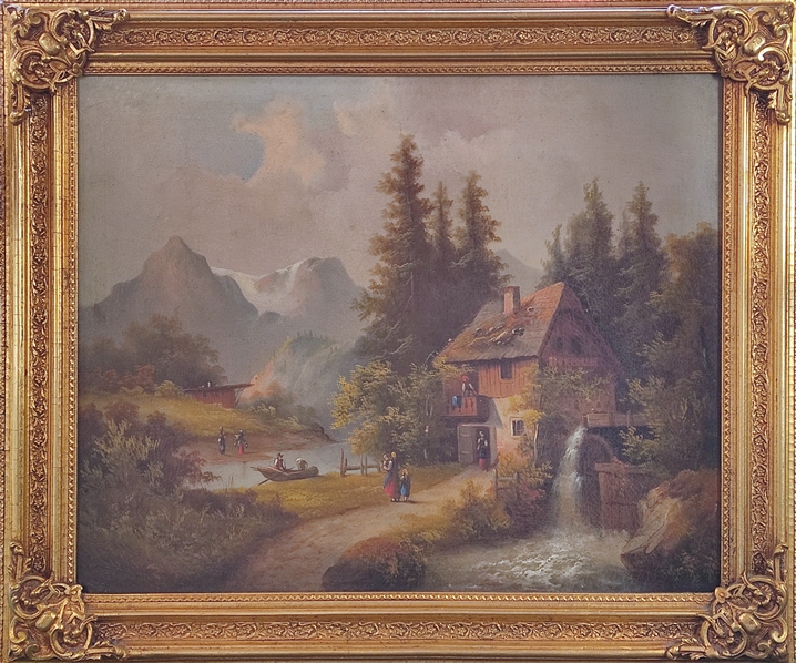 Landscape painter (19th century) "Alpine landscape with mill", staffage of people in traditional co - Image 2 of 3