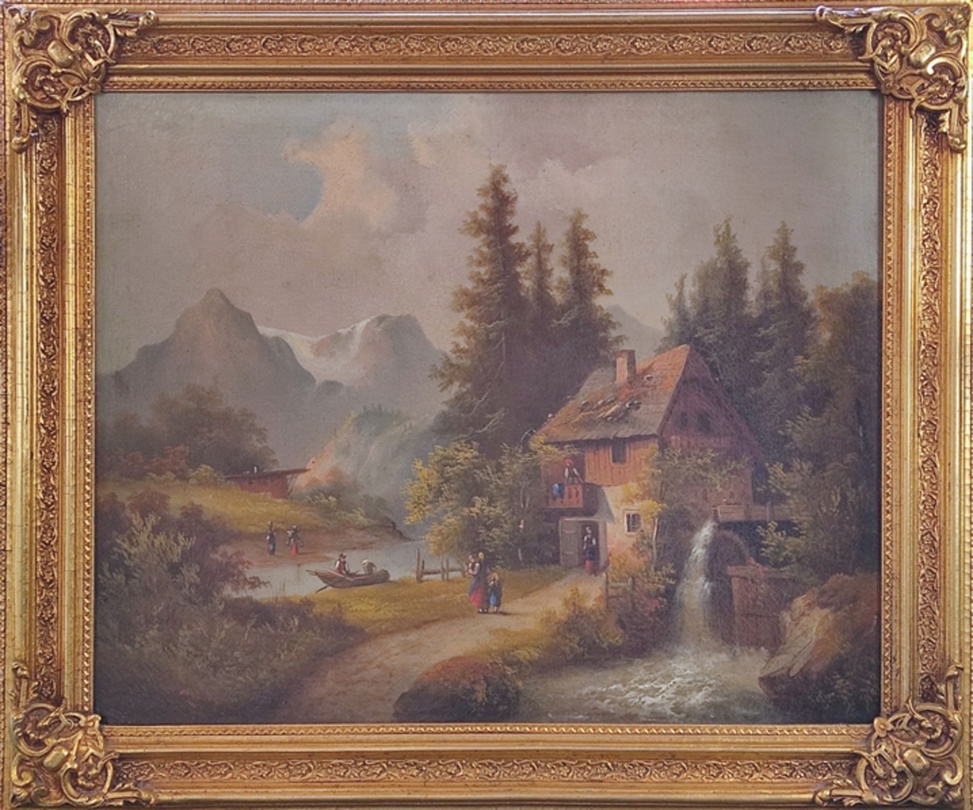 Landschaftsmaler (19. Jahrhundert) "Alpine Landschaft mit Mühle", Personenstaffage in Tracht, im Hi - Bild 2 aus 3
