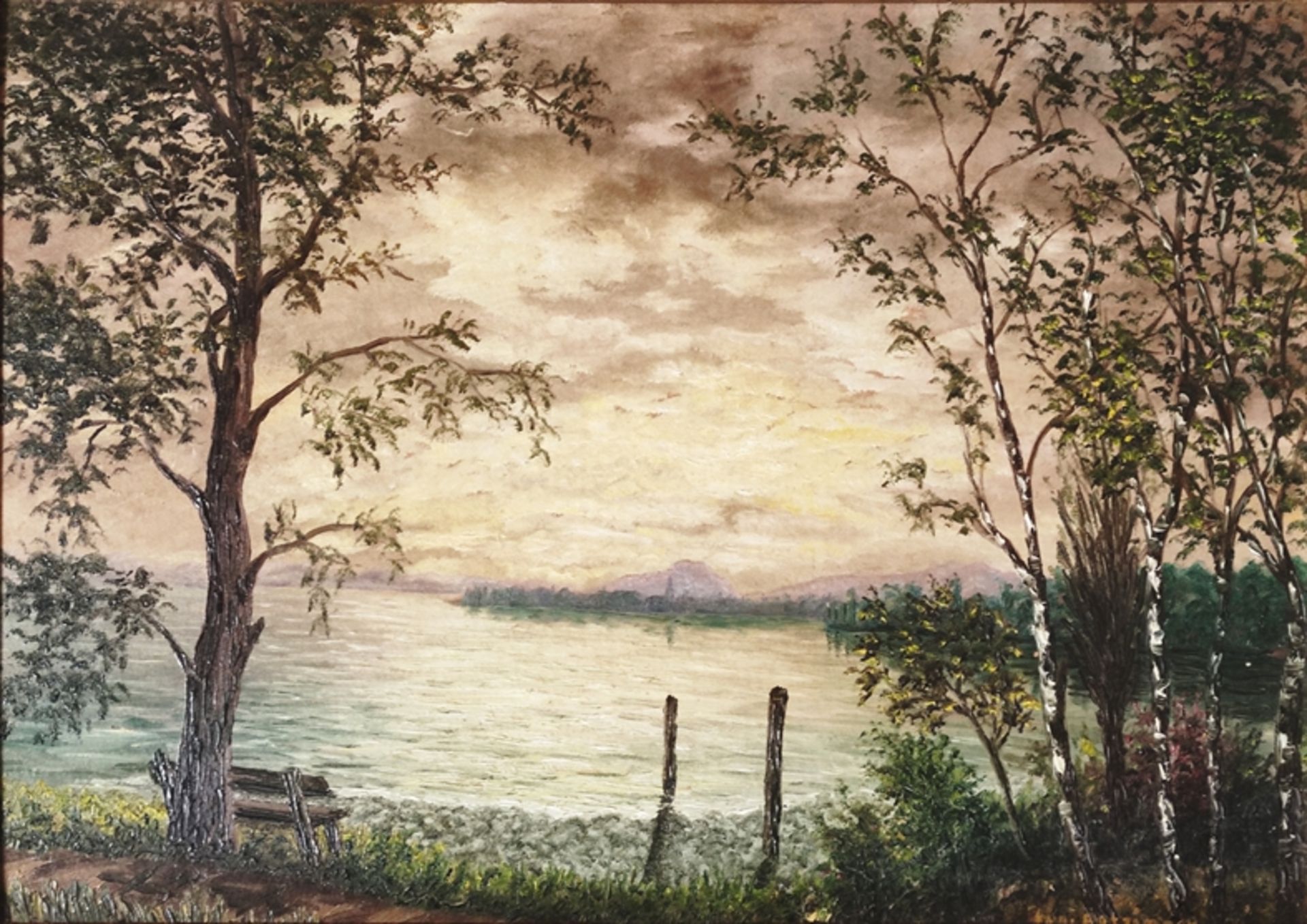 Bodenseemaler (20. Jahrhundert) "Reichenau", mit Blick auf den Hohentwiel, Öl auf Malkarton, rechts