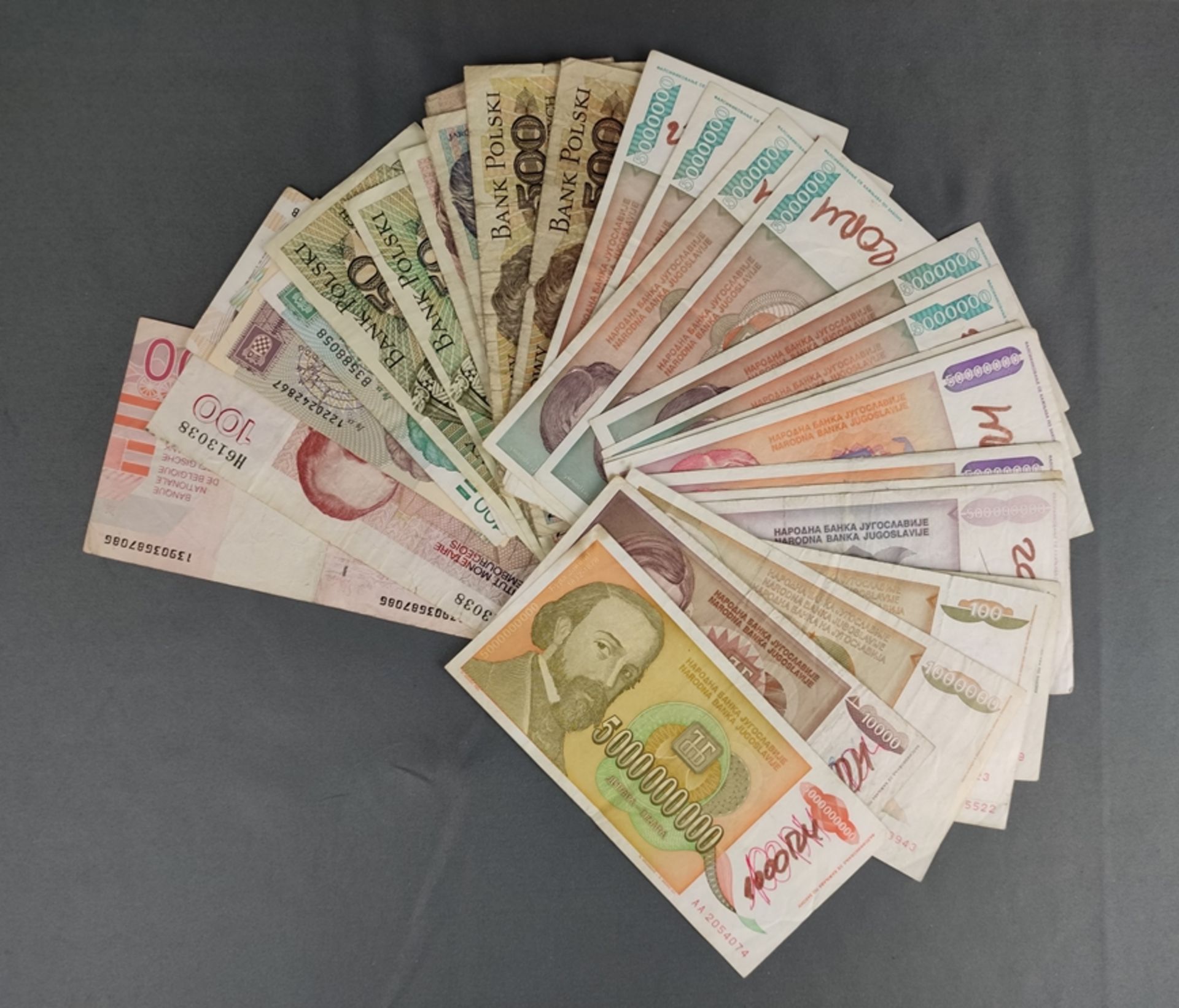 Geldschein-Lot, 34 Scheine, Polen, Italien, Kroatien, Belgien, Luxemburg, Jugoslawien, bestehend au