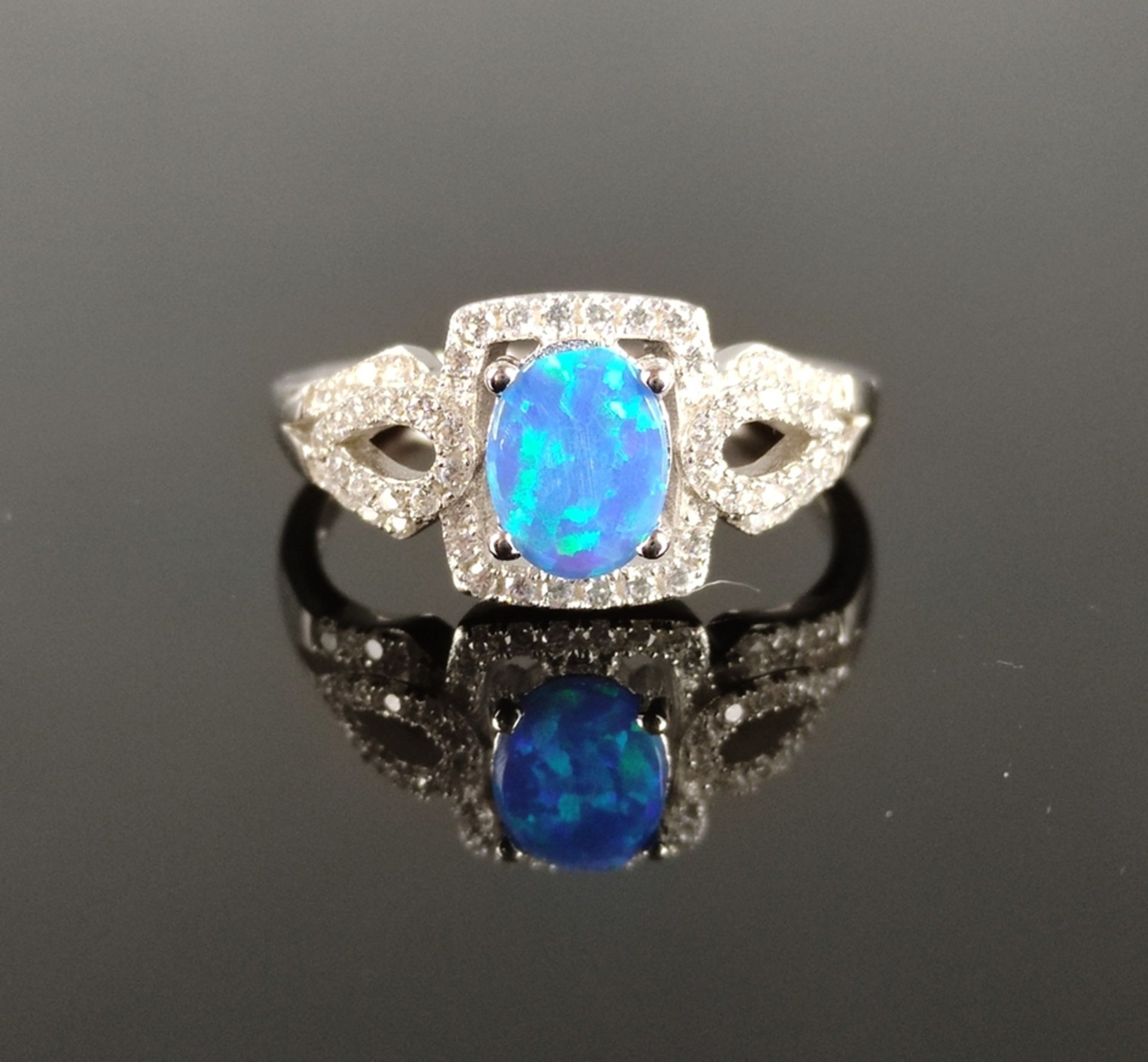 Opal-Ring, Silber 925, Ring-Kopf besetzt mit einem rechteckigen Gilson Opal in blau-grünem Farbensp - Bild 2 aus 3