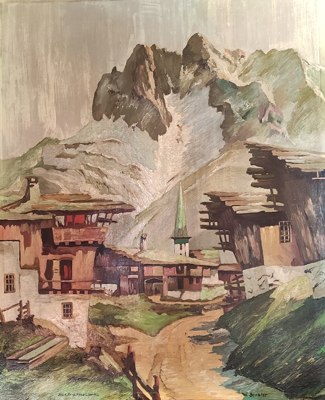Benkler, W. (20th century) " Alpine Village", oil on panel, signed lower right, "after Arno Lemke",