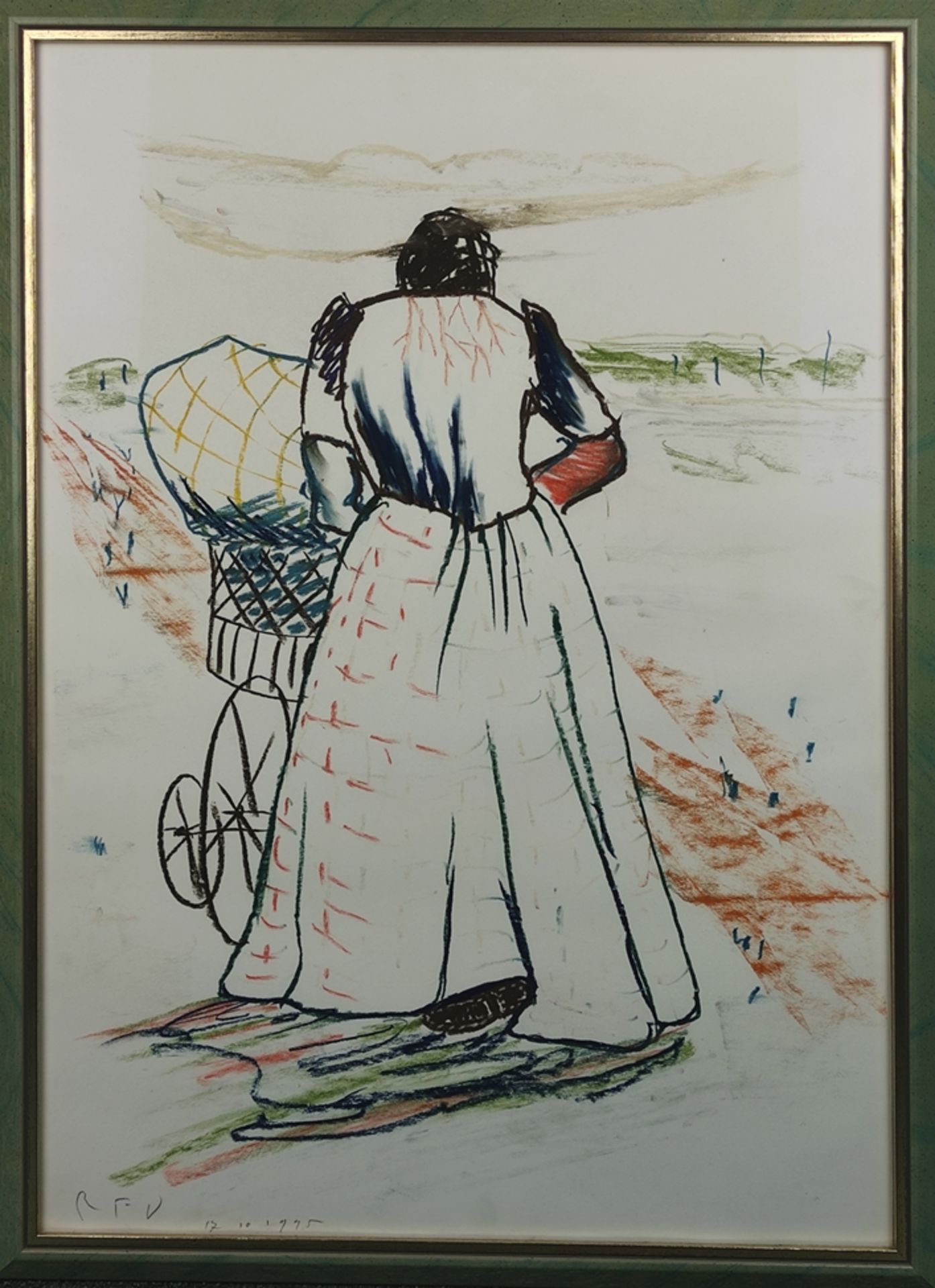 Versloot, Ronald (1964 Apeldoorn) "Frau mit Kinderwagen", beim Spaziergang, Wachsmalkreide auf Papi - Bild 2 aus 3