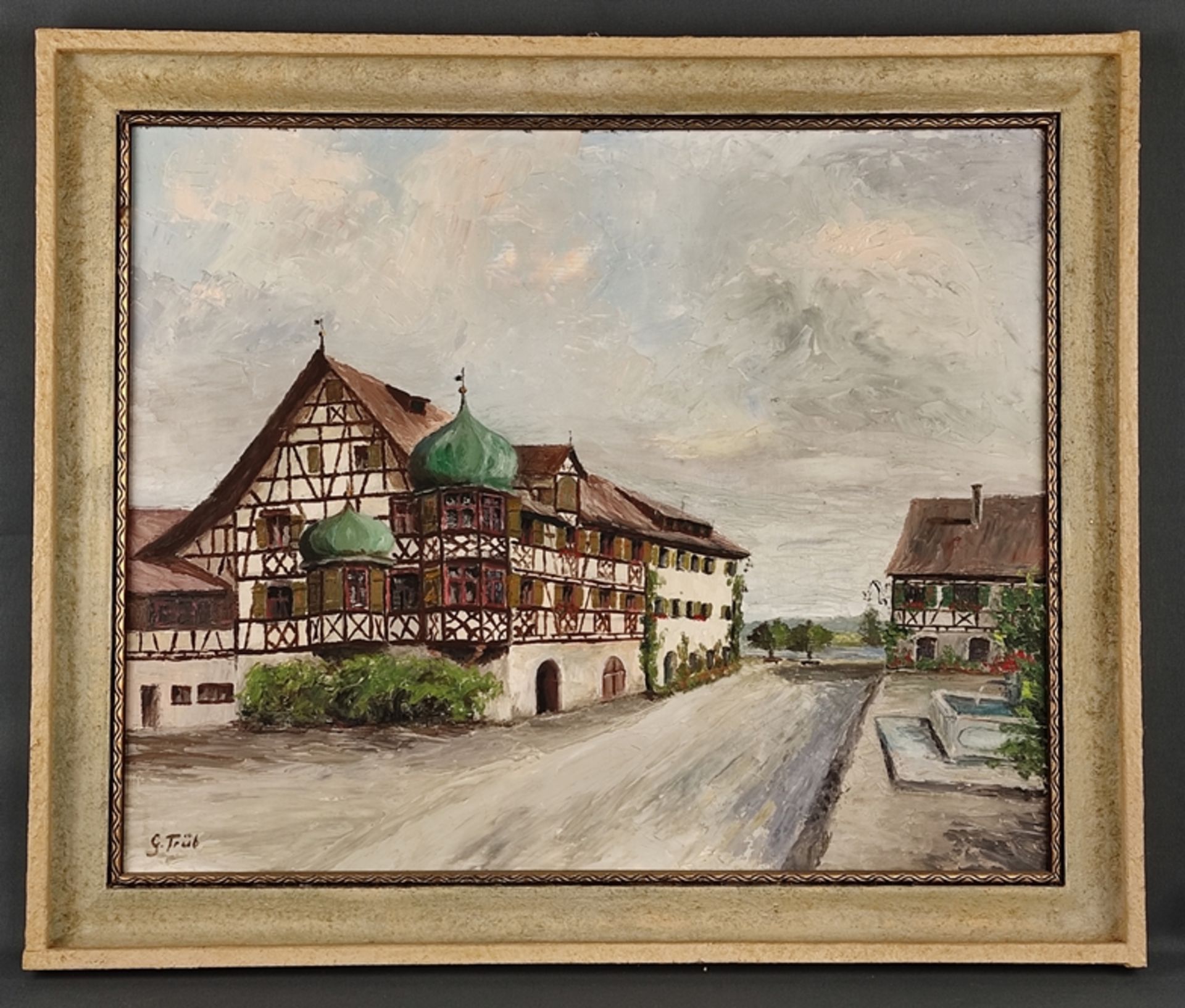 Trüb, G. (20.Jahrhundert) "Drachenburg in Gottlieben" mit Blick auf den See, Öl auf Platte, links u - Bild 2 aus 4