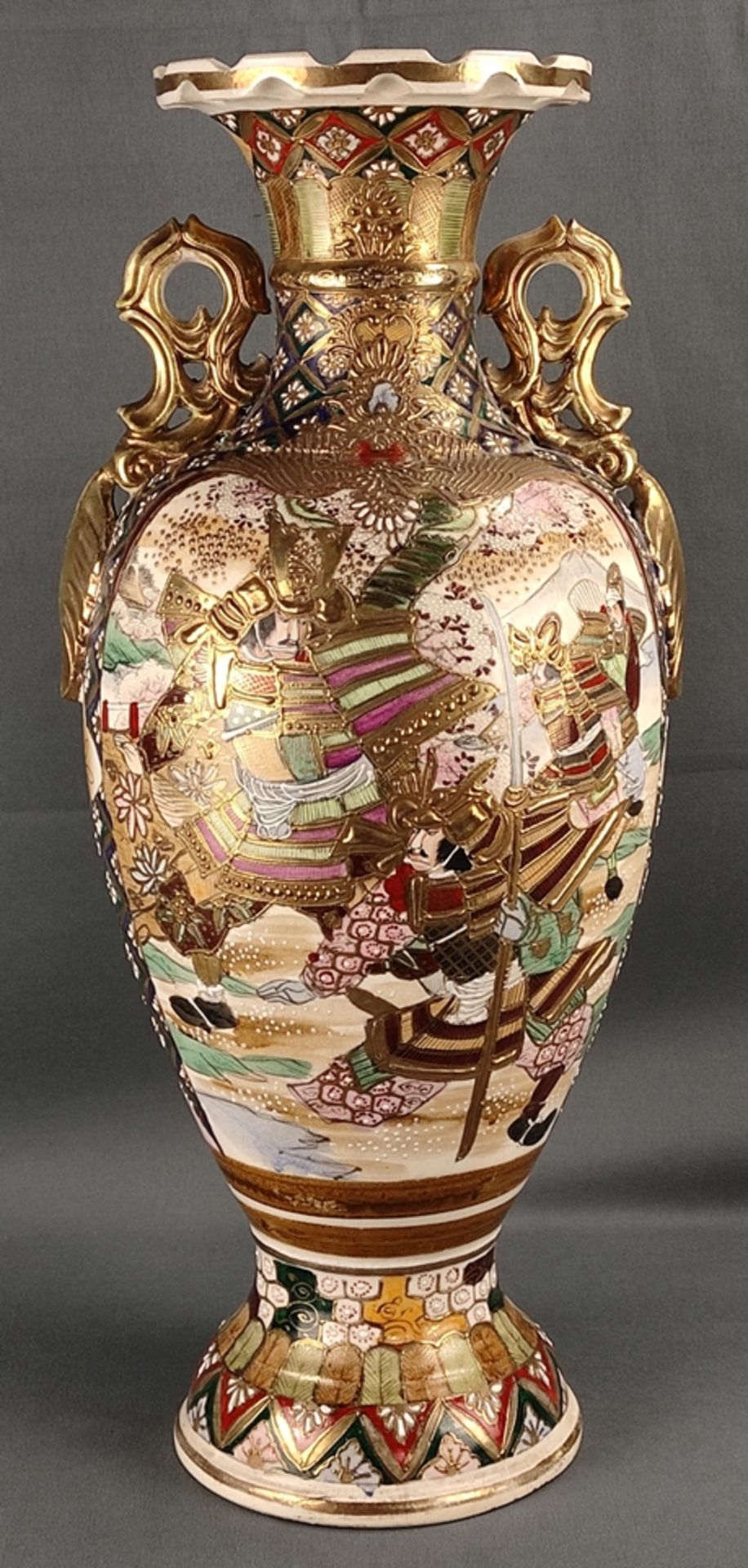 Large baluster vase with two side handles, Japan, c. 1910, polychrome painted, one side scene with 