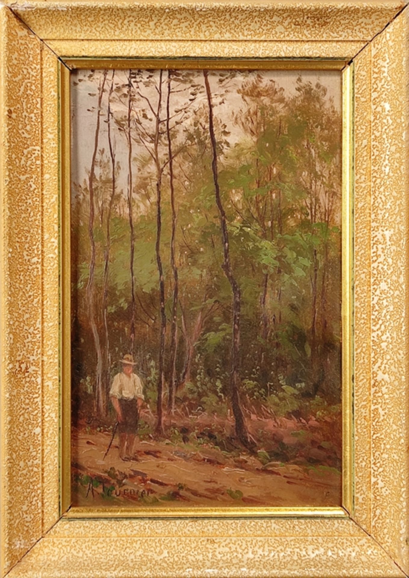 Tournier, A. (19. Jahrhundert) "Spaziergänger", Mann läuft mit Laufstock Waldweg entlang, Öl auf Ka - Bild 2 aus 3