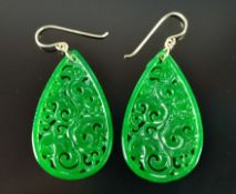 Jade earrings, goldsmith's handwork with strong golden ear hooks and laterally flattened green jade