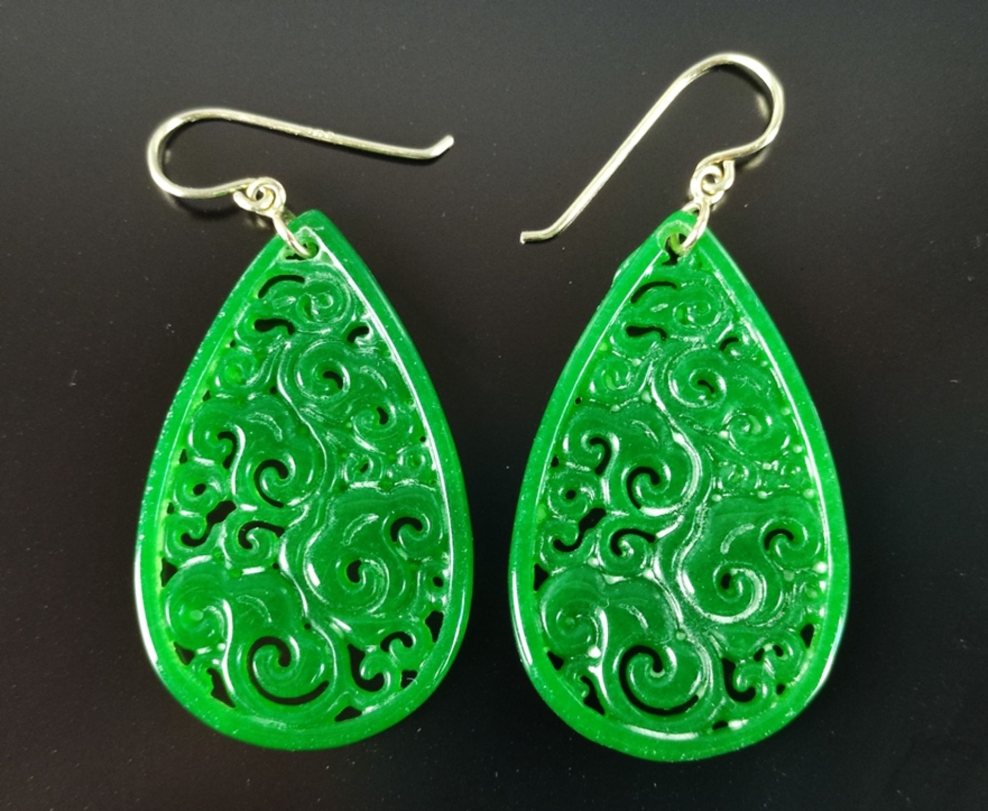 Jade earrings, goldsmith's handwork with strong golden ear hooks and laterally flattened green jade