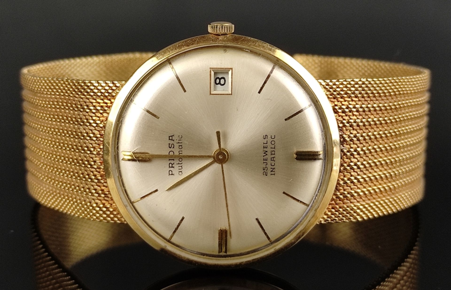 Armbanduhr, Priosa, rundes Ziffernblatt mit Goldindizes, Tagesanzeige, Automatik, flexibles Flechta