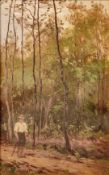 Tournier, A. (19. Jahrhundert) "Spaziergänger", Mann läuft mit Laufstock Waldweg entlang, Öl auf Ka